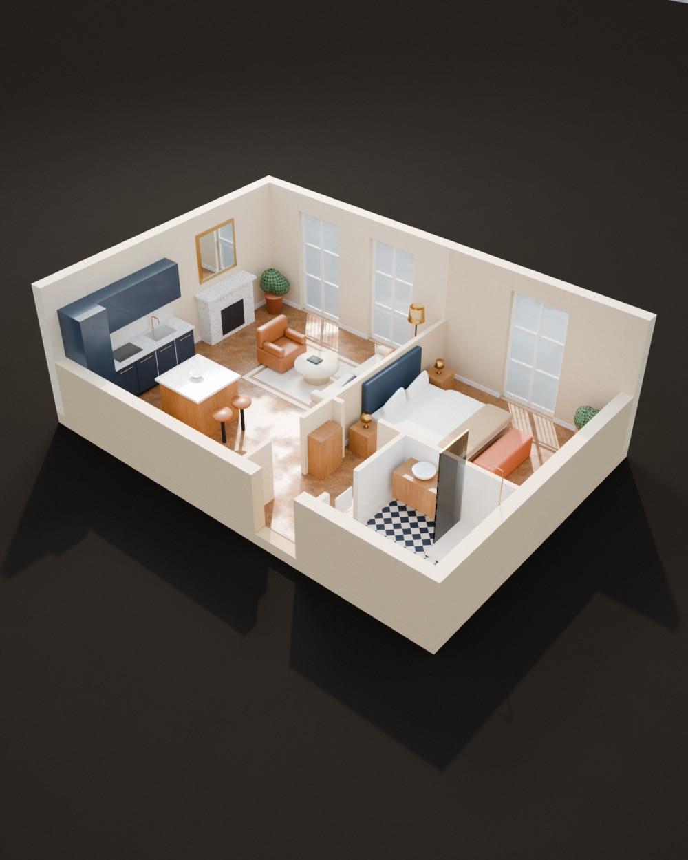 Rénovation d’appartement clé en main à Paris : maquette 3D en coupe de l’appartement rénové — cuisine avec îlot, salon avec cheminée, chambre, salle de bains au sol en damier, parquet
