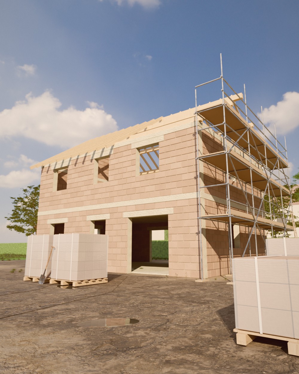 Construction de maison en Île-de-France : maison individuelle à étage dans la lumière du soir, murs en brique monomur et chaînages béton, charpente en chevrons, échafaudage sur le pignon, palettes de blocs sur la plateforme